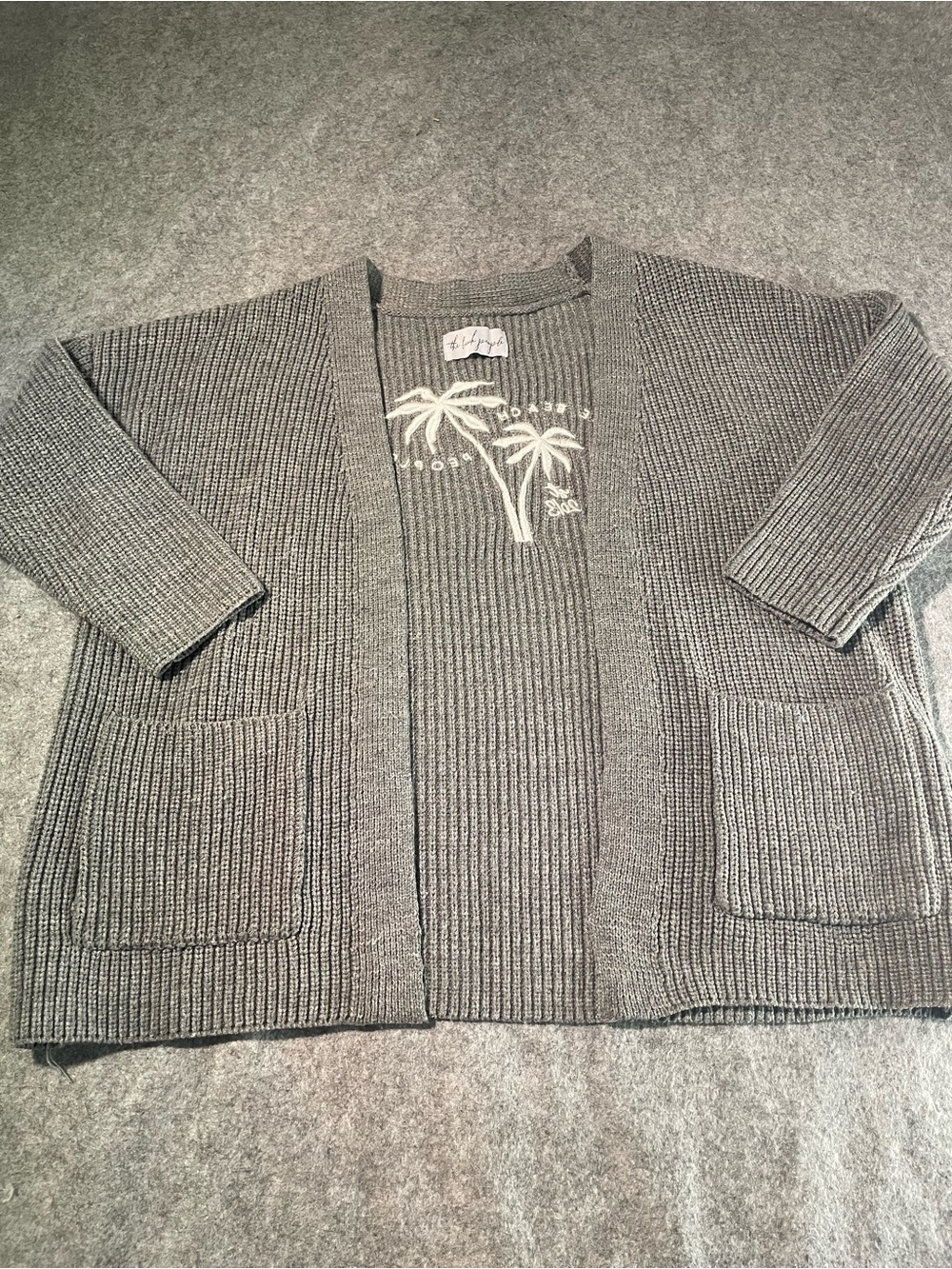 Gray Ribbed Open-Front Cardigan with Palm Embroidery 122